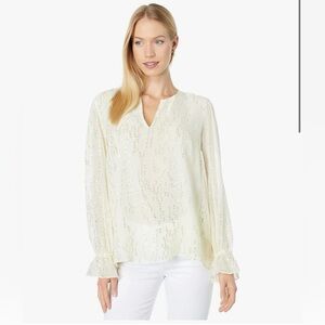 Lilly Pulitzer ELLAREY Cream V-Notch Metallic Dot Silk Blouse Size M